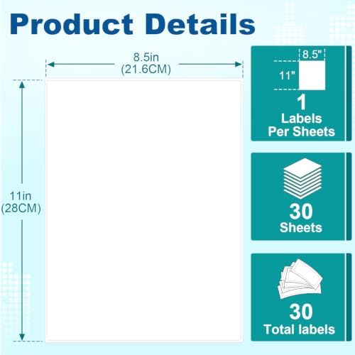 Printable Sticker Paper, 30 Sheets 8.5"x11" Printable Full Sheet Labels for Laser & Inkjet Printers, Packaging, Signs, Shipping, Mailing & Product Stickers, Adhesive Labels,Pony Packaging - Image 2