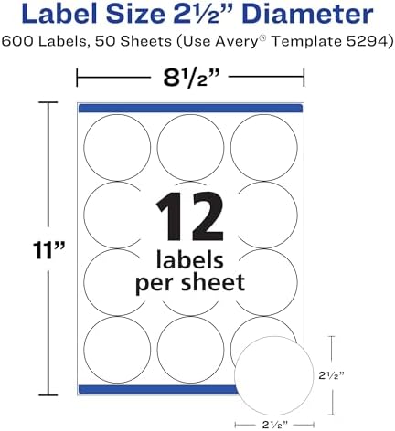 Avery® High Visibility Printable Round Labels, Sure Feed® Technology, 2.5" Diameter, White, Laser Printer, 300 per Pack, 2 Packs, 600 Customizable Blank Labels Total (45294) - Image 5