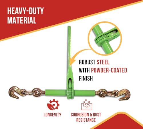Mytee Products 4 Pack 5/16"- 3/8" Heavy Duty Hi-Viz Green Ratchet Chain Binder w/ 5/16" Grab Hook & 1/2" Slip Hook, 5,400 Lbs WLL - Tie Down Hauling Load Binders for Flatbed Trailers - Image 2
