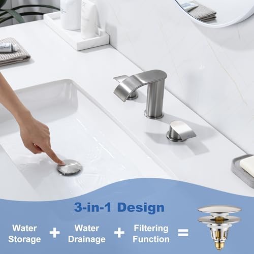 3-in-1 Universal Bathroom Sink Stopper - Brushed Nickel Pop Up Sink Drain Stopper, Brass Bounce Bullet Core Sink Stopper Replacement, Wash Basin Drain Filter Plug with Anti-Clogging Strainer - Image 4