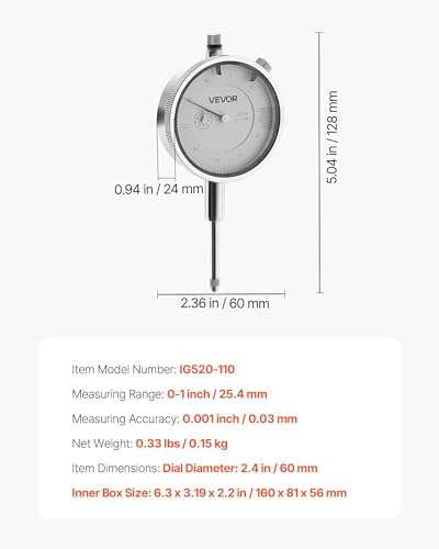 VEVOR Dial Test Indicator, 0.001 inch Accuracy, 0-1 inch Measuring Range, Easy to Read Large Dial, Professional for Internal Diameter Measurement, Runout Detection, Flatness Inspection - Image 7
