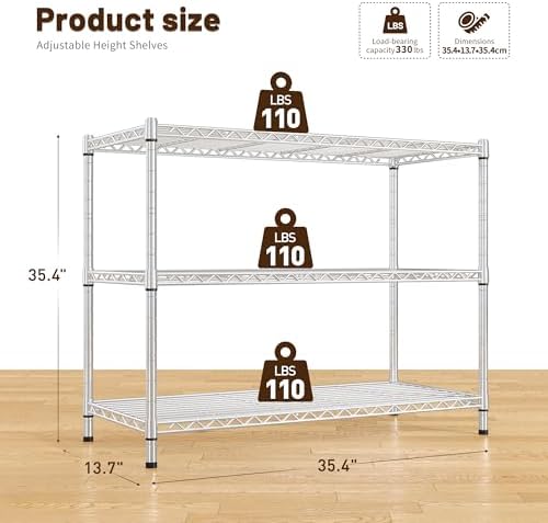 DurayLoly Heavy Duty 3-Tier Metal Shelving Unit, Adjustable Shelves, Chrome - Image 3