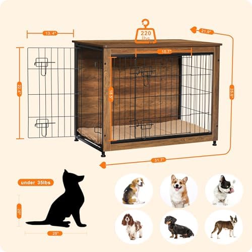 DWANTON 32.5" Dog Crate Furniture with Cushion, Wooden Kennel Table Indoor - Image 3