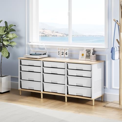 TOOLF 12 Drawers Storage Cabinet with Wooden Top and Plastic Bins, White - Image 2