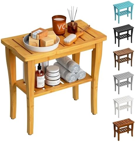 Bamboo Shower Bench Stool with Storage Shelf, Waterproof Shower Chair Spa Bath Seat, Shower Stool for Inside Shower, Bathroom Bench Seat for Adults Elderly Seniors for Indoor or Outdoor Use by oridom