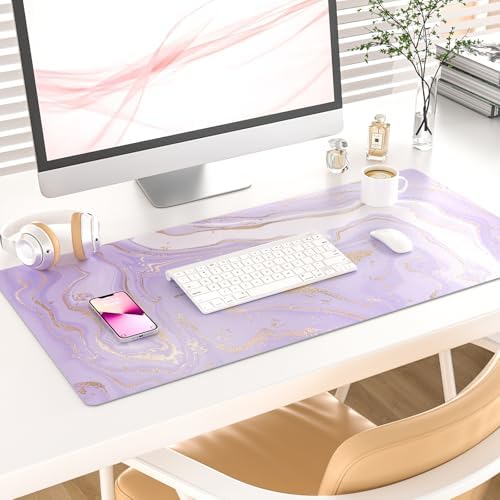 Faux Leather Large Mouse Pad, Office Desk Mat, 31.5"x15.7", Violet Marble - Image 2