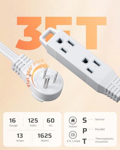 DEWENWILS 3FT 360° Rotating Flat Plug Extension Cord/Wire, 16/3, 2 Pack - Image 3