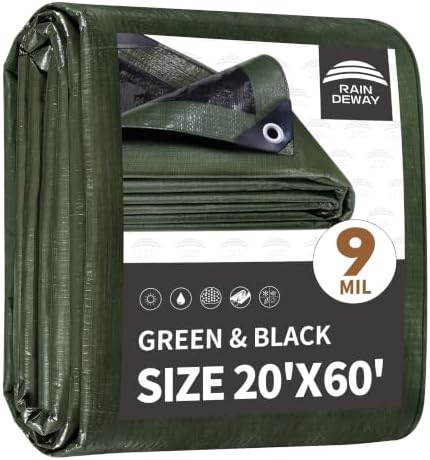 RAINDEWAY Large Tarp 20x60 Feet,9Mil Green/Black Tarps Cover Waterproof by RAINDEWAY