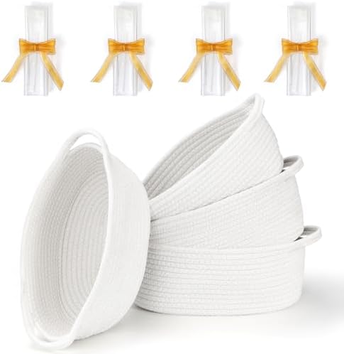 4 Pack Small Woven Basket with Handles, All 12"x 8"x 5", Cotton Rope Room Shelf Storage Basket, Cat Toys, Cute Baby Gift Basket with Gift Bags and Ribbons for Nursery, Empty Decorative Gift Chest Box by MakeLifeBetterEasier