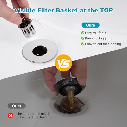Universal Bathroom Sink Drain Strainer Hair Catcher Upgraded with Visible Top Stainless Basket, 3 in 1 Pop Up Sink Stopper for 1.1''~2.36'' Sink Basin Hole, Chrome - Image 4