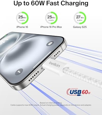 Belkin USB C to USB C 60W Braided Cable 2 Pack, 6.6ft iPhone Charger Cord - Image 2
