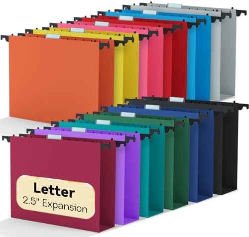 2.5" Expanding Large Hanging File Folders,12 Pack Plastic Extra Capacity Hang Folder Letter Size,Colored Office Heavy Duty File Cabinet Folder with Tab,Sturdy Hanging Organizer for Bulky Files by NORDUN