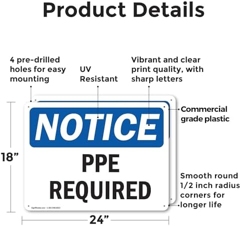(2 Pack) PPE Required OSHA Notice Sign 24 Inch X 18 Inch Plastic Sign, Weather Resistant, UV Protected for Workplace, Business, and Construction Site, Made in the USA - Image 2