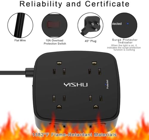 10 Ft Surge Protector Power Strip - YISHU 8 Widely Outlets with 4 USB Ports, 3 Side Outlet Extender with 10 Feet Flat Extension Cord, Ultra Flat Plug, Wall Mount, Desk USB Charging Station, ETL, Black - Image 6