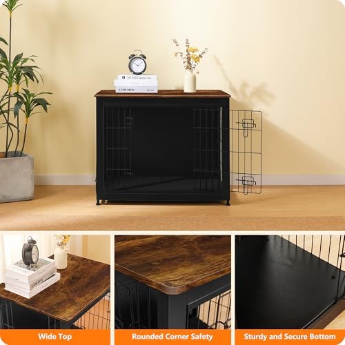DWANTON 32.5" Dog Crate Furniture with Cushion, Wooden Kennel Table Indoor - Image 6