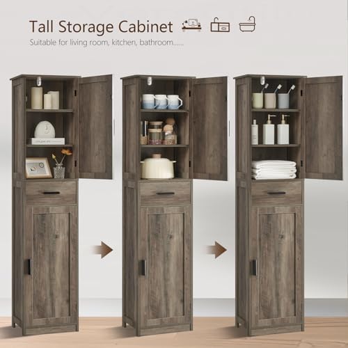 usikey 67'' Tall Storage Cabinet, Narrow Bathroom Floor Storage Cabinet with 4 Shelves & 2 Doors, for Bathroom, Living Room, Rustic Gray - Image 4