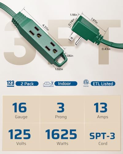 DEWENWILS 2 Pack 3FT Green Christmas Flat Extension Cord 16/3, ETL Listed - Image 2