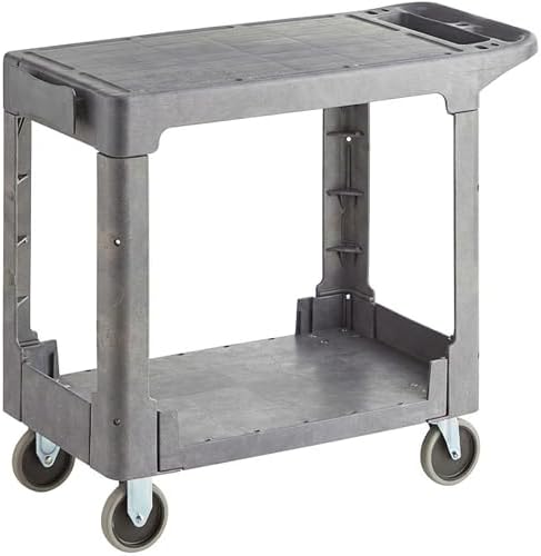 Commercial Gray Heavy Duty 2-Shelf Utility Cart with Flat Top Work Surface and Built-in Tool Compartment, 550lb. Capacity, 5" Casters, 38" x 18 3/4" x 32 1/4" - Perfect for Restaurant, Warehouse by Krollen+Industrial
