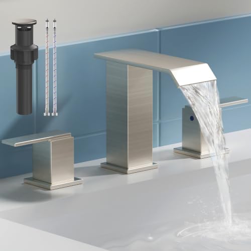 SSREEZNX Bathroom Sink Faucet 3 Hole, Waterfall Bathroom Faucets Brushed Nickel, Modern Bathroom Faucet 2 Handle with Pop-up Drain and Water Line for Vanity by Sreeznx