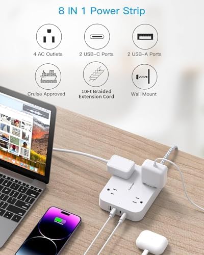 10 Ft Extension Cord, Flat Power Strip with 4 Outlets 4 USB Ports (2 USB C) - Image 2