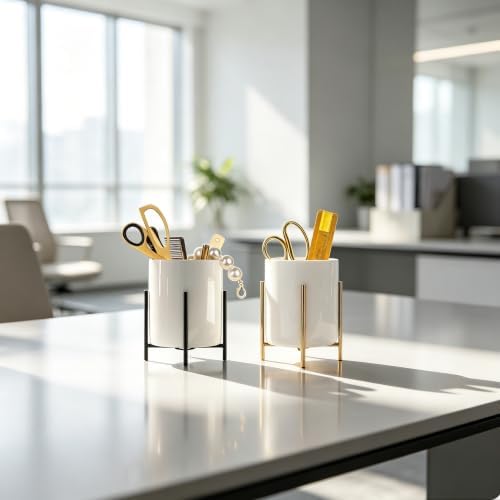 Black Pencil Cup Sturdy Metal Frame with White Ceramic Pen Holder For Desks and Kitchen Appliance holders - Image 2
