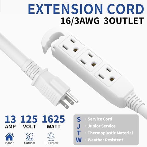 15Ft 3 Prong Multiple Outlets Indoor Extension Cord, White - Image 2