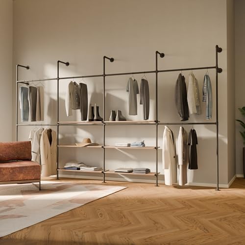 pamo Wall Mounted Clothing Rack with Oak Sheves – 154" W × 87" H, 1235 lbs by pamo