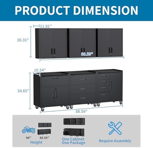 Black Garage Storage Cabinets System 6 PCS Workshop Set with Drawers Locking Heavy Duty Rolling Cart with Adjustable Shelves Garage Tool Workbench Cabinets,6pcs-3 - Image 3