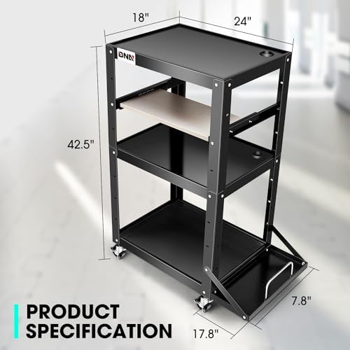 DNA Motoring Steel AV Cart 3-Layer Rolling Projector Utility Cart, 24" X 18" X 24.6"- 42.5" Height Adjustable, with Wheels, Pullout Keyboard Tray, Power Strip, Cord Management, TOOLS-00497 - Image 2