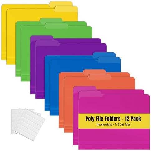Better Office Products Heavyweight Poly File Folders, 1/3 Cut Tabs, 12 Pack, Assorted Colors, Letter Size, with Adhesive Labels, by BetterOfficeProducts