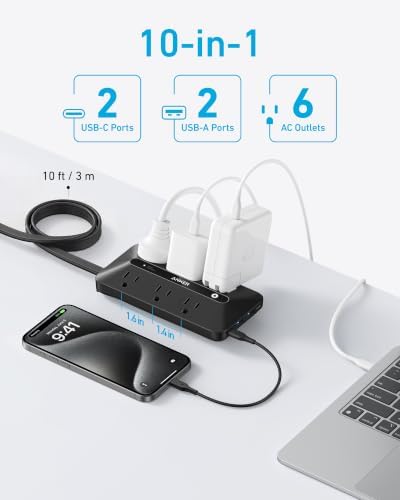 Anker Power Strip with 300J Surge Protector, 10ft Outlet Extender, 20W, 6AC - Image 3