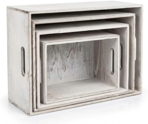 Oojami 4 Pack Nesting Wooden Crates for Display, Whitewashed with Handles by Oojami