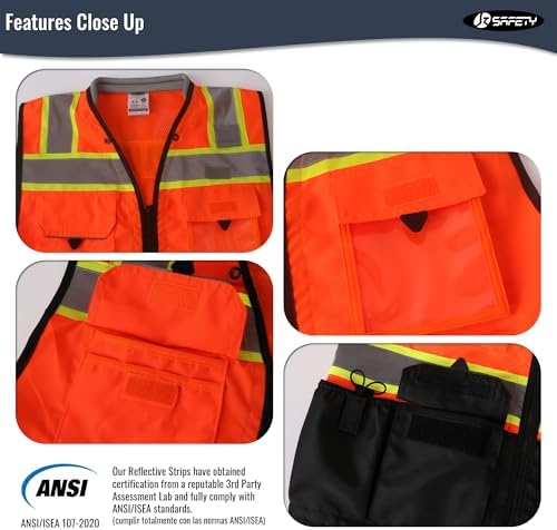 JKSafety Hi-Vis Unisex Surveyor Safety Vest Heavy Duty PPE Inner Pockets ANSI/ISEA Compliant - Image 2