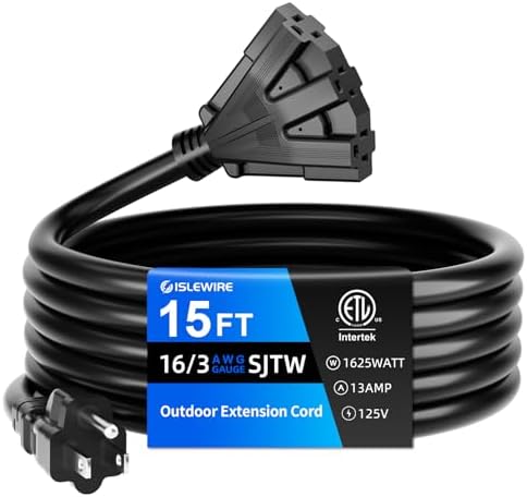 15 FT 3 Outlet Outdoor Extension Cord Waterproof, 16/3 SJTW Black Extension Cord with Multiple Outlets, Heavy Duty 16 Gauge 3-Prong Grounded Power Cable for Garden and Home Use, ETL Listed by ISLEWIRE