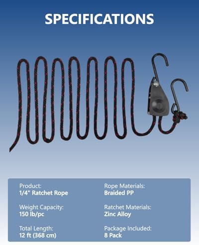 1/4" Rope Tie Downs Ratchet, Retractable Ratchet Strap, Kayak Straps - Image 4
