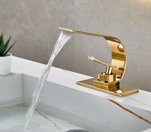 becola Modern Bathroom Sink Faucet, Single Handle Bathroom Faucets for Sink 1 Hole, Low Arc Touch On Faucet, Gold Hot and Cold Water Mixer Tap with Deck Plate - Gold - Image 2