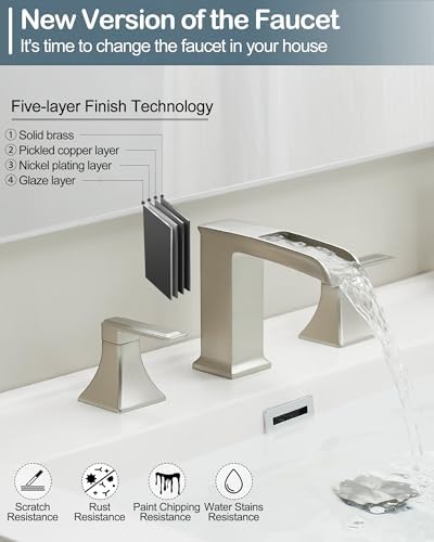Brushed Nickel Bathroom Faucet, 4-16 Inch Waterfall Bathroom Faucets 2 Handle, Brass Vanity Faucet 3 Holes, Modern Bathroom Sink Faucet with Pop-up Drain, Supply Hoses - Image 5