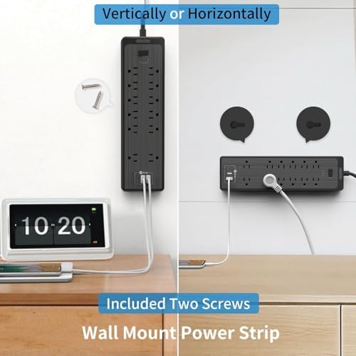NTONPOWER 15 ft Extension Cord, Flat Plug Power Strip with USB, 12 Outlets Wall Mount, 2100 Joules, 1875W, 15A Circuit Breaker for Home Office Dorm Essentials, Black - Image 6