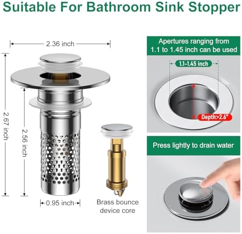 Bathroom Sink Drain Strainer,Universal Pop-Up Sink Stopper Hair Catcher - Image 2
