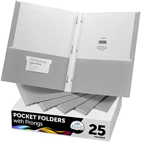 FILE-EZ Two-Pocket Folders with 3-Prong Fasteners, Gray Color, 25-Pack, Durable Textured Paper, Matte Finish, Letter Sheet Size (EZ-92530) by FILE-EZ
