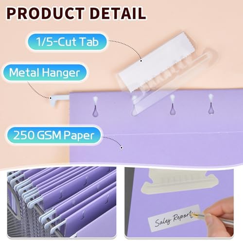 25-Pack Light Purple Hanging File Folders, Letter Size, Includes 35 Transparent Label Cards & 50 Sticker Labels,1/5-Cut Tabs for Home & Office Organization - Image 3