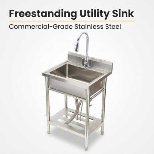 GarveeTech 24x21x36 in Stainless Steel Sink, Freestanding Utility Basin Workstation, Single Deep Bowl Wash Basin - Hot & Cold Brass Pull-Out Faucet - Backsplash, Storage Shelf, Drain Kit - Image 5