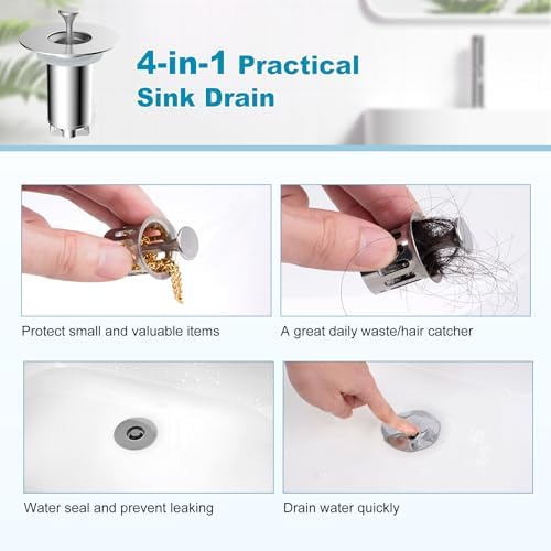 Universal Bathroom Sink Drain Strainer Hair Catcher Upgraded with Visible Top Stainless Basket, 3 in 1 Pop Up Sink Stopper for 1.1''~2.36'' Sink Basin Hole, Chrome - Image 5