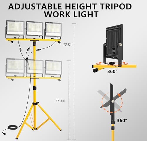 45000 Lumen LED Work Lights with Stand - 3 Head Portable Work Light on Stand - IP65 Waterproof Tripod Work Lights for Outdoor Indoor Job Site Workshop Garage Construction Site Lighting - Image 6