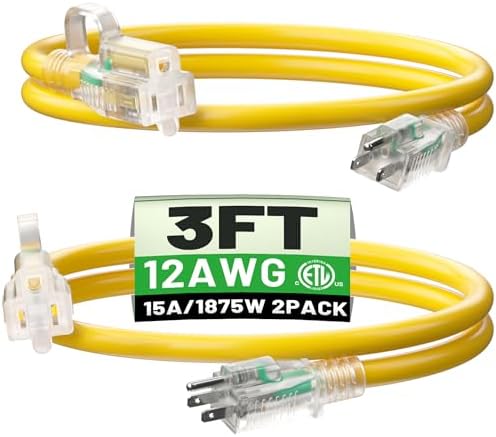 POWGRN 2Pack 3 Ft 12/3 Gauge Extension Cord, Short Extension Cord, Yellow by POWGRN
