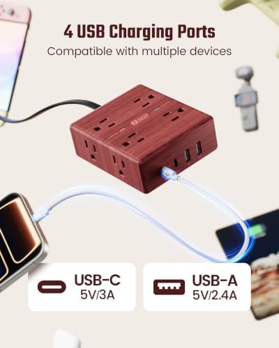 SUPERDANNY Brown Extension Cord 10Ft, Flat Plug Power Strip Surge Protector - Image 5