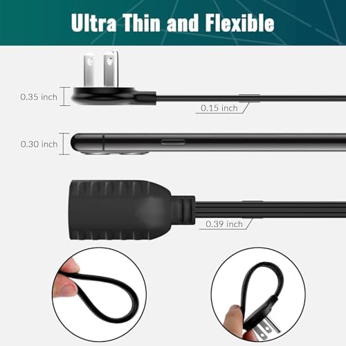Elecan Flat Plug Extension Cord 50 Ft with Slim Space-Saving Plug Design, Thin Flat Cable Low Profile Power Cord 3 Prong Grounded Wire, 16 Gauge 13 A/125 V-Black-ETL Certified - Image 2