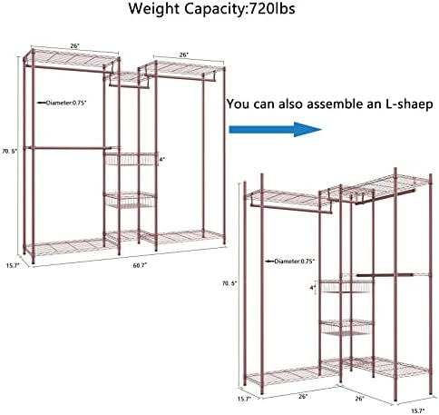 XIOFIO 6 Tiers Heavy Duty Garment Rack,Clothing Storage Organizer, Metal Clothing Rack,Clothing Rack with Hanging Rod,Adjustable Shelf and Fixed Baskets,60.7"L x 15.7"W x 70.5"H Max Load 720LBS,Bronze - Image 4