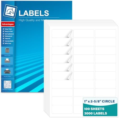 1" x 2-5/8" Address Labels for Laser & Inkjet Printers, 100 Sheets, 3000 Labels Sticker Paper, Shipping, Barcode, Mailing & Product Stickers, White Adhesive Labels with Free Template, Pony Packaging by PonyPackaging