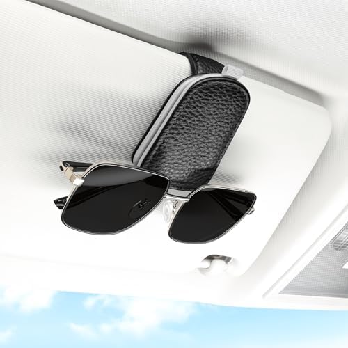 SINGARO Sunglasses Holder for Car, Leather Magnetic Buckle Sun Visor Sunglass Clip, Ticket Card Storage Glasses Clip, Car Interior Accessories for Men and Women（Black-Gray） by SINGARO